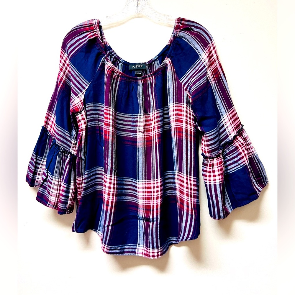 A. Byer Blue and Red Ruffled Bell Sleeve Blouse Women’s XL PLAID